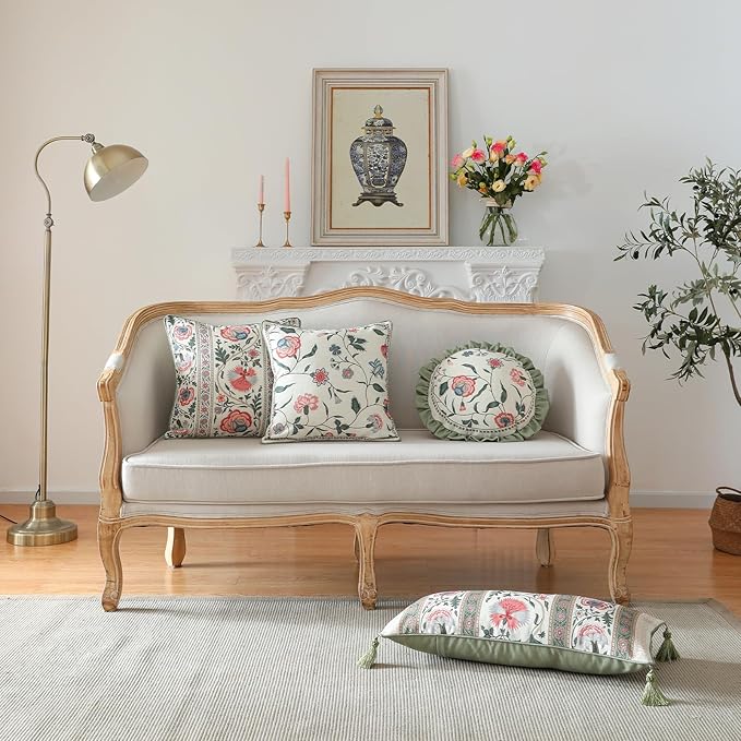 ISAENNE Design Lumbar Retro Elegance Linen Throw Pillow Covers 12"x28" Pack of 2, Green Pink Floral Pattern Cushion Covers Rectangle Decor Pillowcases for Bed,Living Room,Outdoor,Car