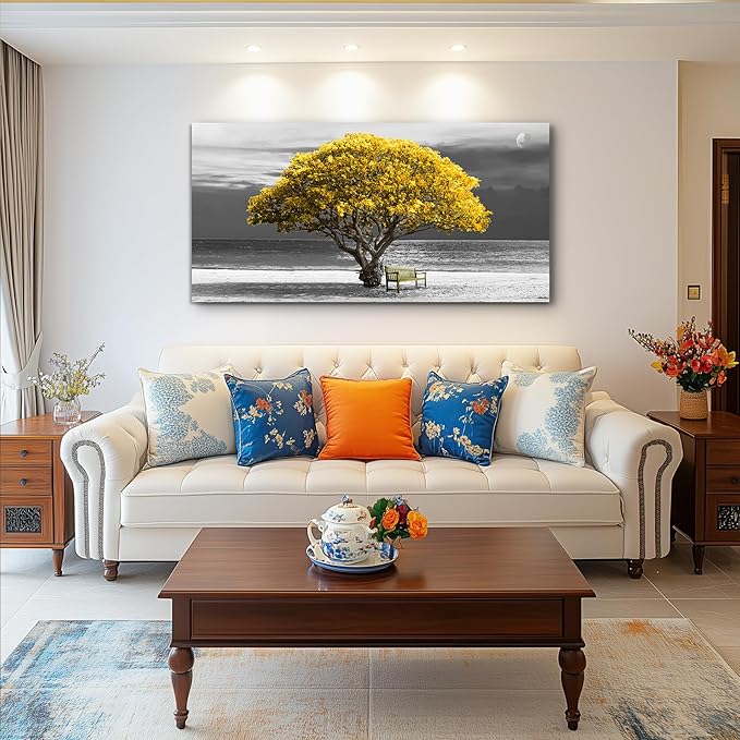 wall art for living room Decorations Photo Prints - panoramic black and white with yellow trees The moon scenery - Modern Home Decor The room Stretched and Framed Ready to Hang artwork 20X40inches