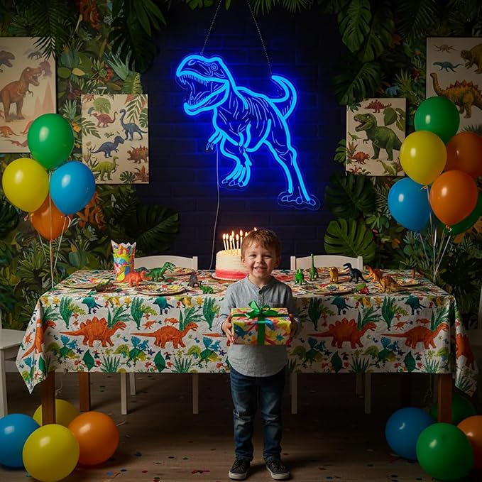 Dinosaur Neon Sign for Wall Decor, USB Dimmable Blue LED Night Light for Boys Bedroom, Jurassic Party Decorations, Birthday, Halloween and Christmas Gift, 15.5 x 13 inch