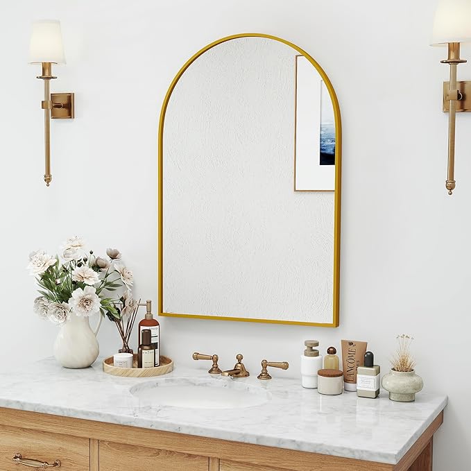 30x20 Arch Mirror Rectangle Wall Mounted Hanging or Against Wall Metal Aluminum Alloy Frame Mirrors for Entryway Bedroom Bathroom Living Room 30 20 inch Gold
