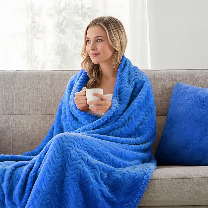 Exclusivo Mezcla Fleece Throw Blanket for Couch, Cozy Lightweight Blankets for All Season, Decorative Giftable Fuzzy Plush Wave Textured Throws for Women, Men, Cobalt Blue, 50x70 Inches