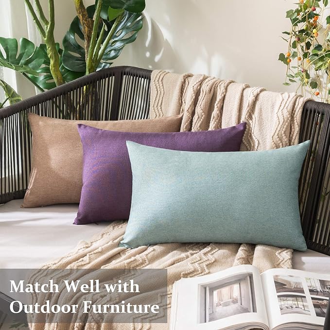MIULEE Pack of 2 Decorative Outdoor Solid Waterproof Throw Pillow Covers Faux Linen Garden Farmhouse Cushion Cases for Patio Tent Balcony Couch Sofa 20x12 Inch Khaki