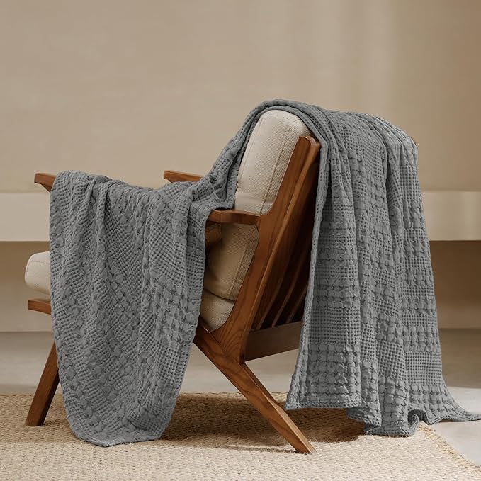 PHF 100% Cotton Waffle Weave Throw Blanket, Soft Lightweight Breathable Cozy Throws for Couch Bed Sofa, Luxury Aesthetic Blanket Gift for Home Decor & Office, 50"x60", Dark Grey