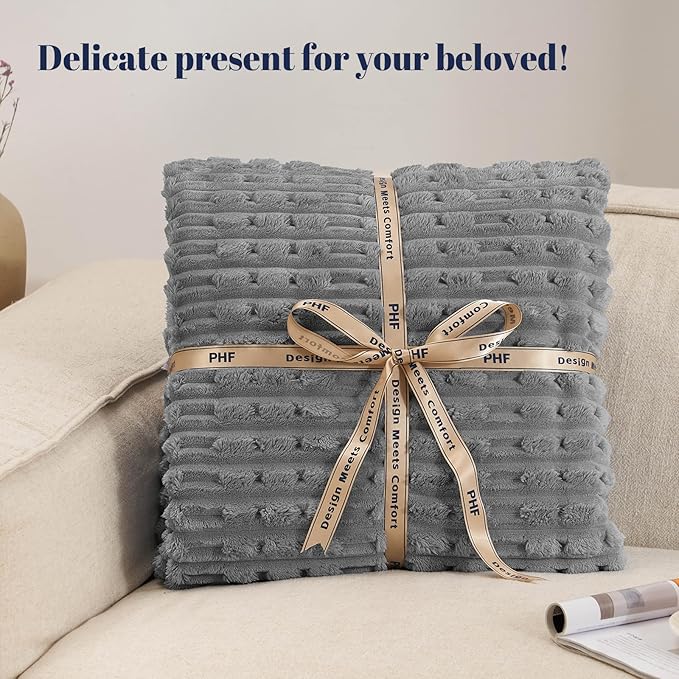 PHF Ultra Soft Flannel Fleece Blanket Queen Size, Lightweight 3D Jacquard Fleece Blanket, No Shedding, No Pilling, Luxury 340GSM Aesthetic Fluffy Cozy for Bed Room Decor, 90"x90", Frost Gray