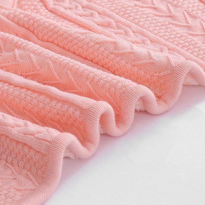 Longhui bedding Pink Acrylic Cable Knit Sherpa Throw Blanket - Thick, Soft, Big, Cozy Knitted Fleece Blankets for Couch, Sofa, Bed - 50" x 63"