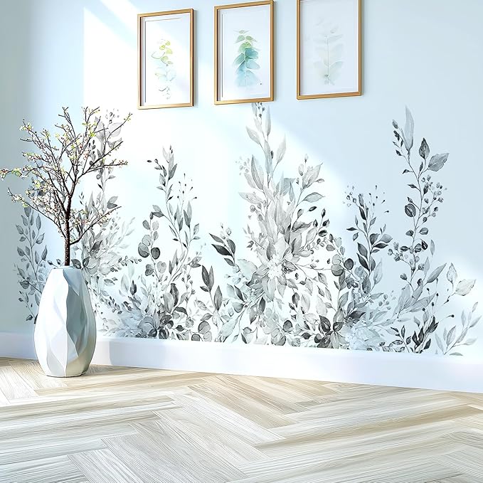 Gray Plants Leaves Wall Decals Peel and Stick, Large Floral Flowers Vinyl Wall Stickers, Removable Vine Home Decor Art for Bedroom Living Room Classroom Office