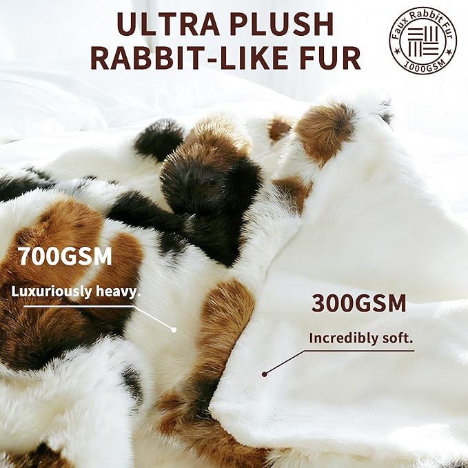 Cow Print Faux Fur Baby Blanket 40x50 – Fluffy Cow Bubbles Blanket, Ultra Soft Rabbit Faux Fur Throw for Kids & Travel, Black to White Ombre with Brown Accent, Cozy Decorative Cow Gift