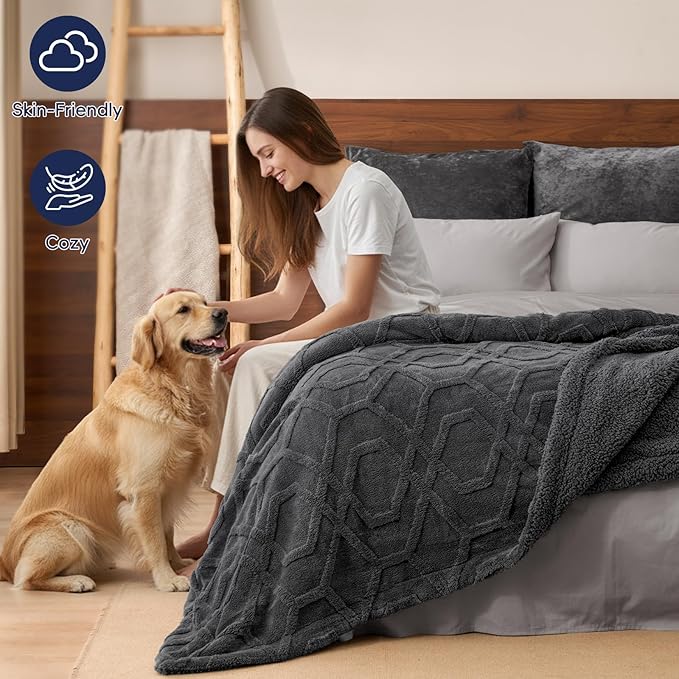 PHF Fluffy Sherpa Fleece Blanket Twin Size for Winter, Warm and Cozy, 510GSM 3D Tufted Shaggy Fleece Blanket for Sofa Bed, Dark Grey, 60"x80"