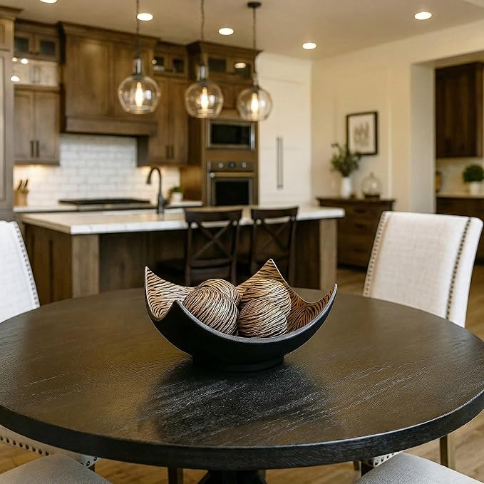 Seraphic 5pc Large Decorative Scoop Bowl Set with Stylish Orbs/Balls – Elegant Centerpiece for Dining/Kitchen Table, Living Room, or Office Decor, 14" diagonal. 11" wide and 5.75" tall, Brown