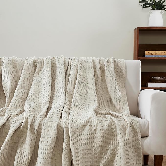 VHC Brands 100% Cotton Waffle Weave Twin Blanket 66"x90", Decorative Lightweight Spring and Summer Throw Blanket, Bedroom Decor for Bed, Couch, or Sofa, Natural