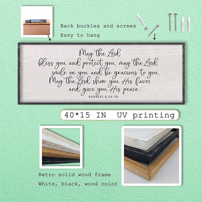 LuZhiQiang Scripture Wall Art 40"x15" May The Lord Bless You And Protect You Numbers 6:24-26 Bible Verse Sign for Living Room Rustic Inspirational Christian Home Large Wood Framed Wall Decor (Black)