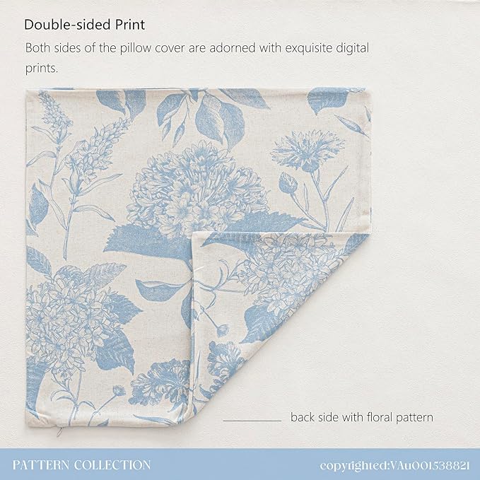 Foindtower Set of 2 Linen Floral Vintage Throw Pillow Covers Neutral Accent Decorative Cozy Cushion Covers Farmhouse Boho Home Decor for Sofa Chair Couch Bedroom Living Room,20×20 Inch,Sky Blue