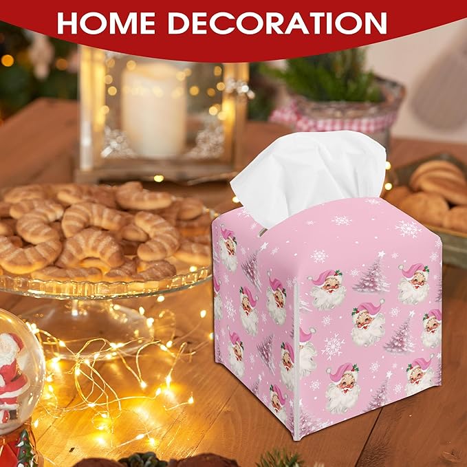 Pink Santa Claus Tissue Box Cover Holder, Christmas Trees Leather Tissue Box Cover Square, Xmas Gift Ideas for Family Friends, Bathroom Kitchen Car Office Home Table Decor(5.2 Inches)-B08