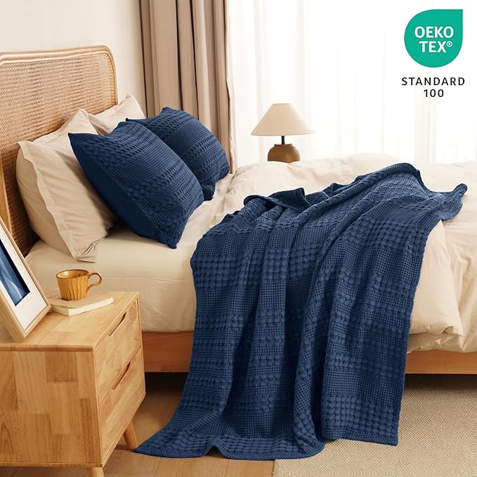 PHF 100% Cotton Waffle Weave Throw Blanket, Soft Lightweight Breathable Cozy Throws for Couch Bed Sofa, Luxury Aesthetic Blanket Gift for Home Decor & Office, 50"x60", Bright Navy