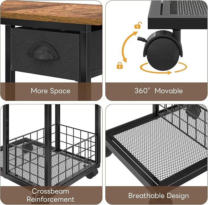 3-Tier Side Table with Wheels and 360° Rotation, C Table with Drawer, End Table for Couch, Space Saving Small Desk for Narrow Space, TV Tray, Vintage Bedside Table for Living Room, Bedroom
