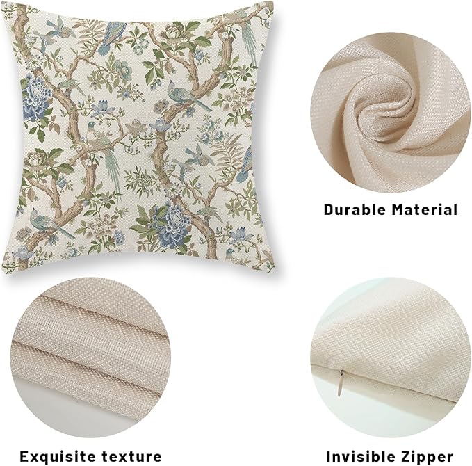 Blue Green Floral Bird Pillow Covers 16x16 Set of 2 Chinoiserie Throw Pillows Green Vintage Flowers Bird Decorative Pillow Cases Outdoor Chinoiserie Decor Farmhouse Cushion Case for Couch Sofa
