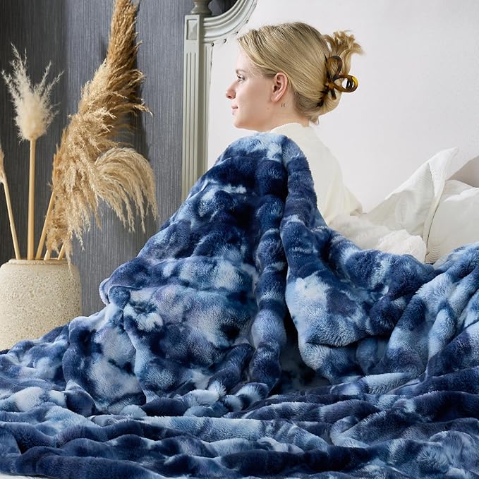 Cozy Bliss Deluxe Striped Rabbit Faux Fur Throw Blanket, Soft Fluffy Warm Plush Blanket for Winter, Modern Homr Decor, Tie-dye Blue 60"x80"