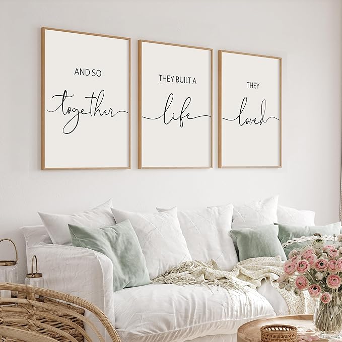 Houmury Framed Set of 3 And So Together They Built A Life They Loved Above Bed Wall Decor Wall Art for Farmhouse Home Bedroom Kitchen Living Room Wood Signs (Brown,12"x16")