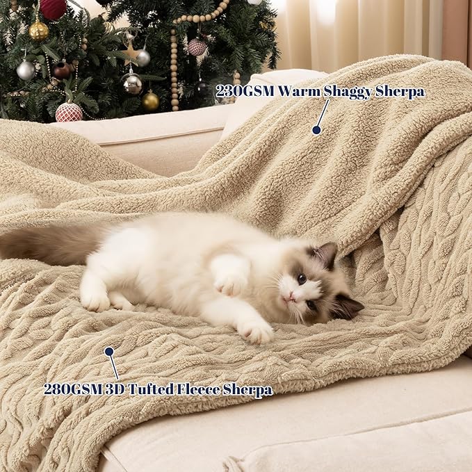 PHF Fluffy Sherpa Blanket King Size for Winter, Warm and Soft, 510GSM 3D Jacquard Thick Shaggy Fleece Plush Blanket for Sofa Bed, Khaki, 108"x90"