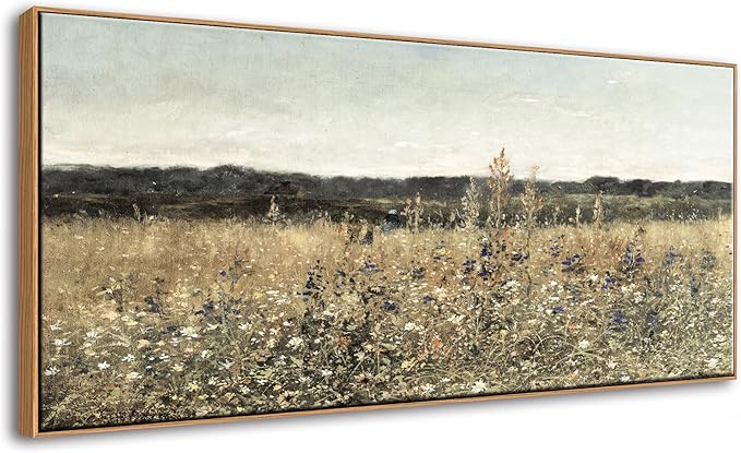 DJSYLIFE Extra Large Framed Canvas Wall Art Oversized Vintage Wildflower Field Landscape Painting Prints Classical Flowers Pictures for Farmhouse Living Room Bedroom Wall Decor 29.52 x 57.87 Inch