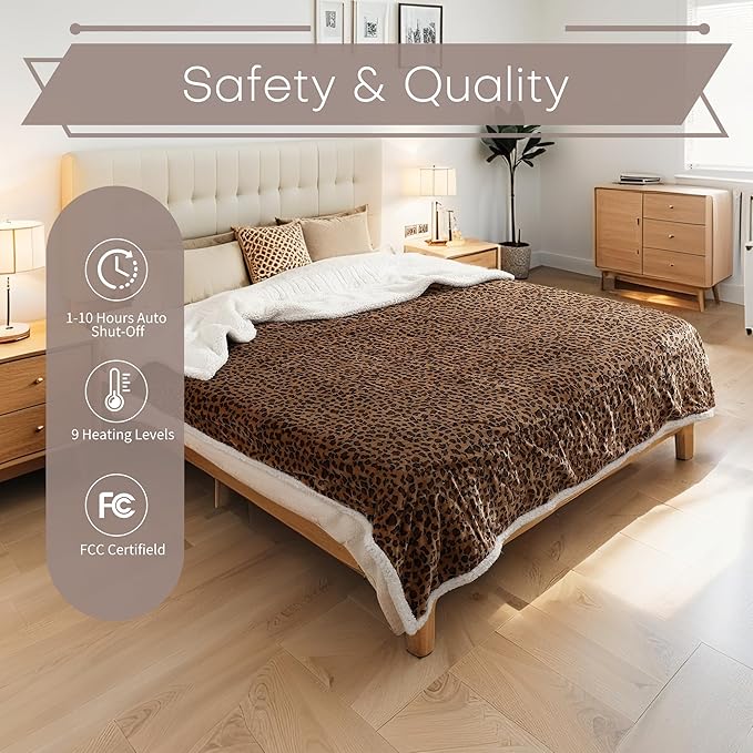 LUXIAN Electric Heated Blanket King Size 90"x100" - Microplush & Sherpa Fabric Dual-Sided, 9 Heat Settings & 10 Hours Auto Off, Cozy Warming Throw for Office or Bed, Machine Washable, Leopard Print