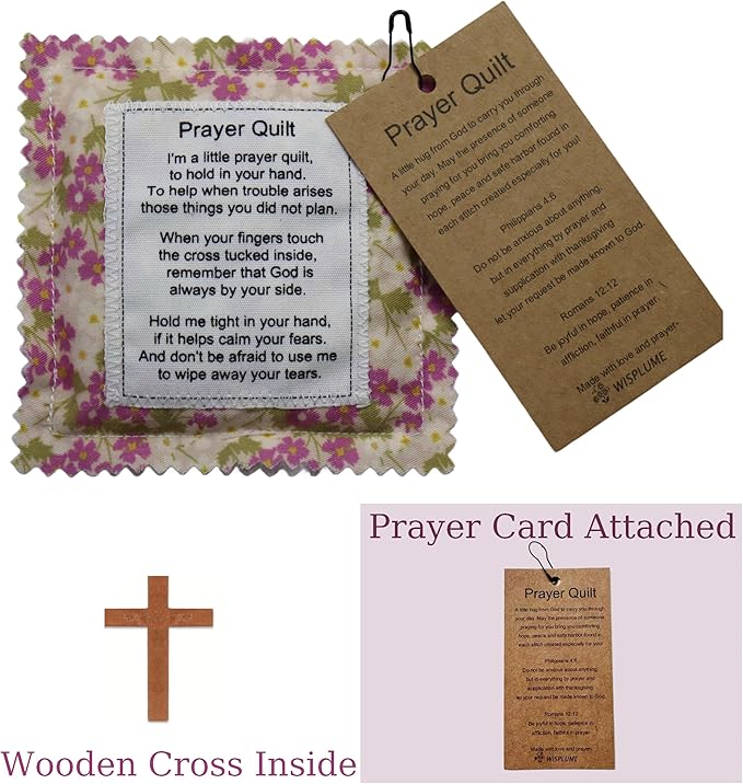 Mini Prayer Quilt with Cross Inside Vintage Pocket Scripture Prayer Quilt Squares Sympathy Christian Gifts for Women Pastor Appreciation Father's Day Graduates Gifts (Purple)