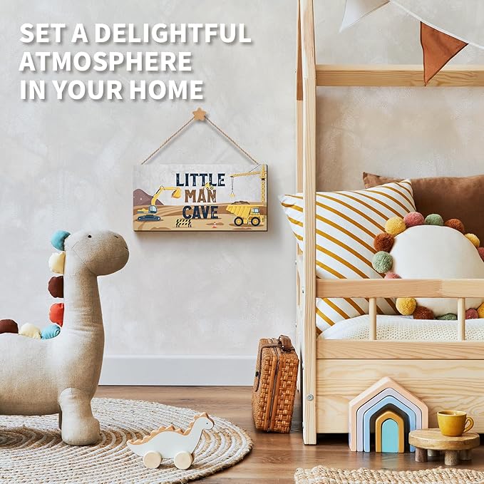 ZIEYOMI- Little Man Cave Sign Boys Room Decor, Construction Bedroom Decor Hanging Wall Art, Wooden Plaque Decorations for Nursery Boys Kids Toddler Playroom Living Room