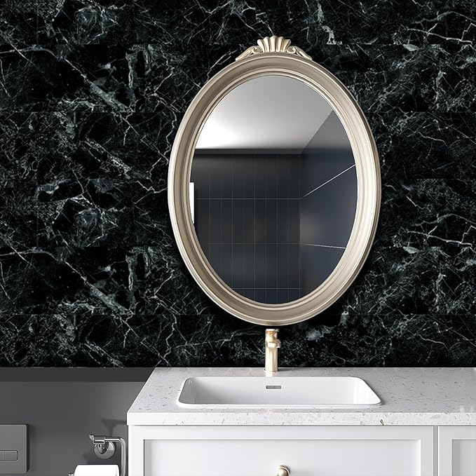 HLNIUC 16-Sheet Black Marble Wall Tiles, 8'x4', Peel And Stick, Waterproof, PVC Self Adhesive, Kitchen & Bathroom Backsplash