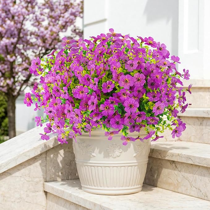 Artificial Flowers Outdoor Faux Plants UV Resistant Fake Patio Flowers Plastic Greenery Plnats Outside Bulk for Spring Garden Hanging Planter Home Vase Decor, 12 Bundles (Purple)