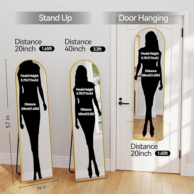 57x16 Door Hanging Full Length Mirror, Floor Stand (Height 5.7ft just Body in1.3ft) / Wall Mounted Metal Frame Arch Dressing Mirrors for Bedroom Living Room 57 inch Gold