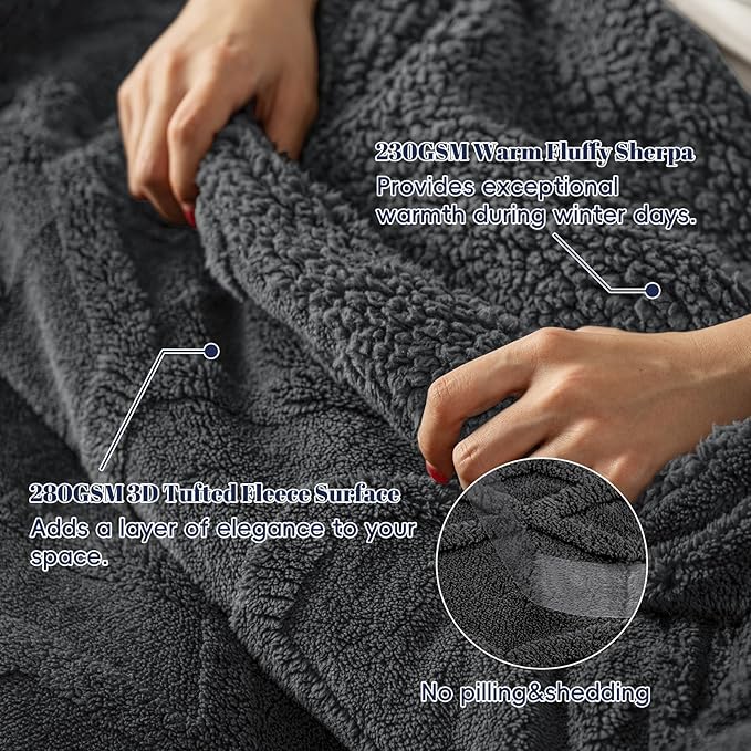 PHF Fluffy Sherpa Fleece Blanket Queen Size for Winter, Warm and Cozy, 510GSM 3D Tufted Shaggy Fleece Blanket for Sofa Bed, Dark Grey, 90"x90"