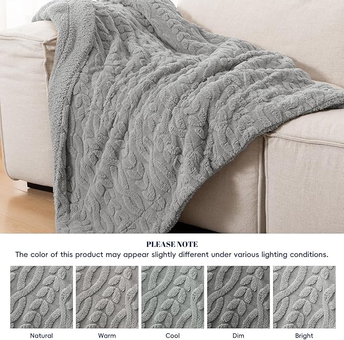 PHF Fluffy Sherpa Blanket Queen Size for Winter, Warm and Soft, 510GSM 3D Jacquard Thick Shaggy Fleece Plush Blanket for Sofa Bed, Grey, 90"x90"