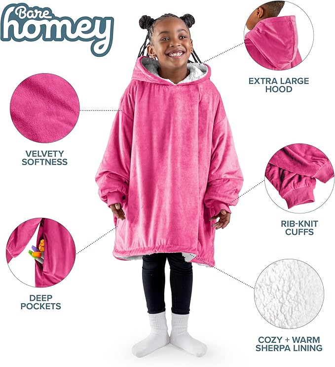 Bare Home Wearable Blanket Hoodie - Soft Plush Sherpa - Warm and Cozy - Oversized Wearable Blanket - Adult & Kid Sizes
