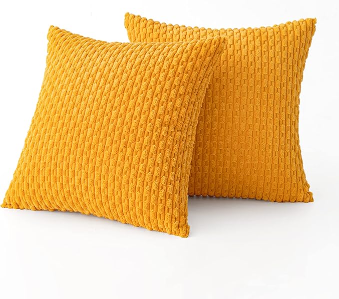 MIULEE Pack of 2 Decorative Throw Pillow Covers 18x18 Inch Soft Boho Striped Textured Corduroy Pillow Covers Modern Farmhouse Home Decor for Couch Bed Sofa Living Room Golden Yellow