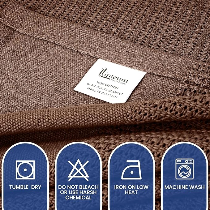Linteum Textile Supply Leno Weave Chocolate Blanket, Queen 100% Cotton, Lightweight, Warm, Fluffy, Premium and Durable Soft & Cozy Bed Blanket for Home, Couch, Sofa & Dorm, All Season Throw [90x90]