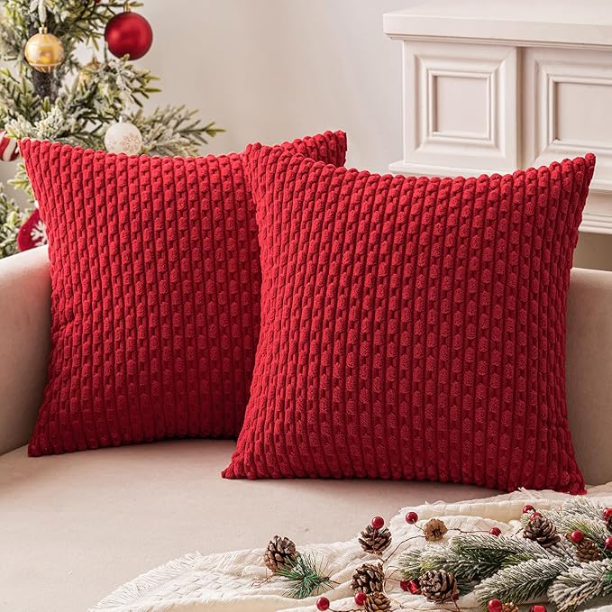 MIULEE Red Throw Pillow Covers Soft Corduroy Decorative Eruo Sham Set of 2 Boho Striped Pillow Covers Pillowcases Farmhouse Home Decor for Couch Bed Sofa Living Room 24x24 Inch