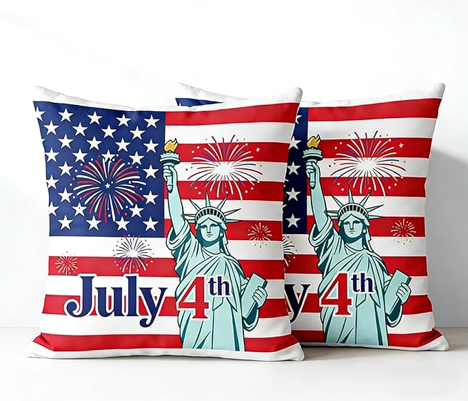 4th of July Patriotic Throw Pillow Covers, American Flag Statue of Liberty Fireworks Design, Set of 2，18x18 Pillows Linen Pillowcase