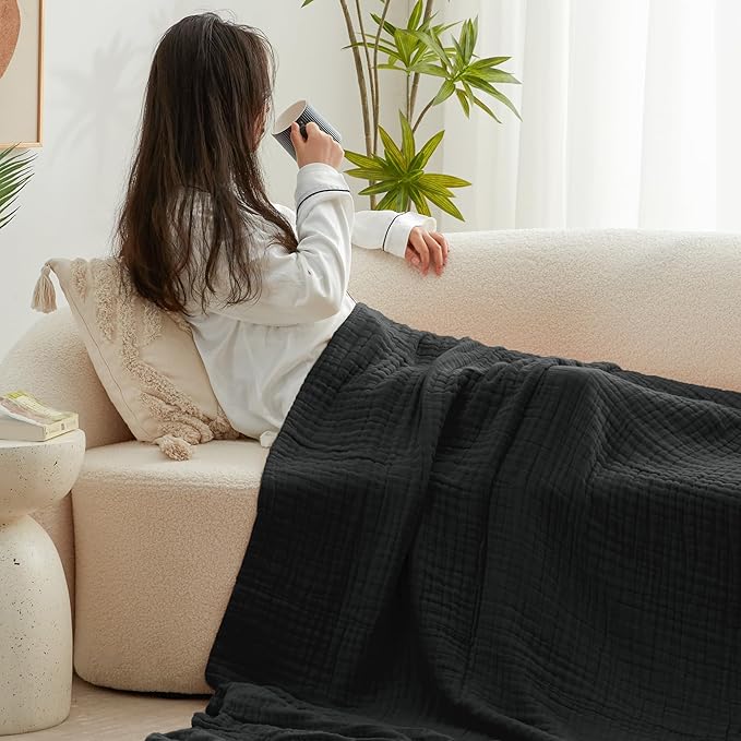 Love's cabin 100% Cotton Muslin Blanket, 6 Layer Lightweight Breathable Gauze Large Throw Blanket 50 x 70 Inches, Soft Cooling All Season Blanket for Couch or Sofa, Black