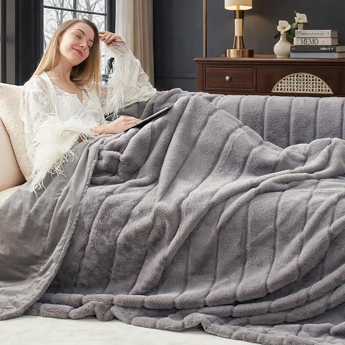 Cozy Bliss Deluxe Sheared Rabbit Faux Fur Throw Blanket, Soft Fuzzy High-Low Sculpted Plush Blanket for Couch, Cozy Home Accent, All Season Use, Grey 50"x60"