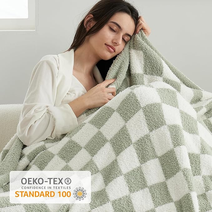 Snuggle Sac Checkered Bedding Blanket Twin Size 60x80, Super Soft Cozy Warm Knit Blankets, Reversible Breathable Lightweight Fluffy Throws for Sofa, Bed, Checkered Sage Green, 60x80 Inches