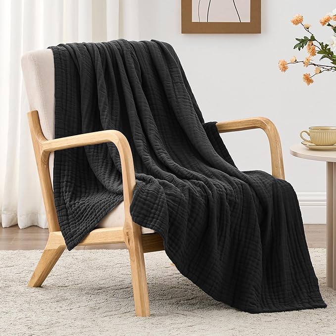 Love's cabin 100% Cotton Muslin Blanket, 6 Layer Lightweight Breathable Gauze Large Throw Blanket 50 x 70 Inches, Soft Cooling All Season Blanket for Couch or Sofa, Black