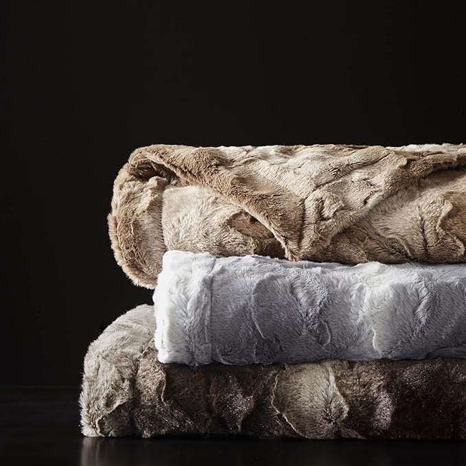 Madison Park Zuri Soft Plush Luxury Oversized Faux Fur Throw Animal Stripes Design, Faux Mink On The Reverse, Modern All Seasons Blanket for Bed, Sofa Couch, Office, Tan, 96x80"