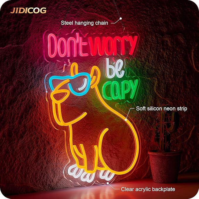Capybara Don't Worry Be Capy Neon Sign Funny Cartoon LED Signs for Wall Decor Bar Man Cave Party Coffee Home Bedroom Birthday Gifts