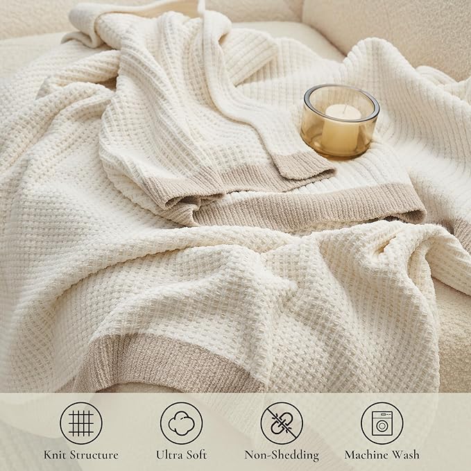 Amélie Home Waffle Blanket Queen Size for Bed, Soft Cozy Chenille Knit Blanket Warm Decorative for Bedroom, 90"x90", Ivory
