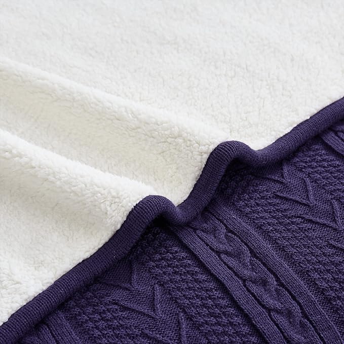 Longhui bedding Acrylic Cable Knit Sherpa Throw Blanket - Thick, Soft, Big, Cozy Knitted Fleece Blankets for Couch, Sofa, Bed - Large 60 x 80 Inches Coverlet All Season,Purple