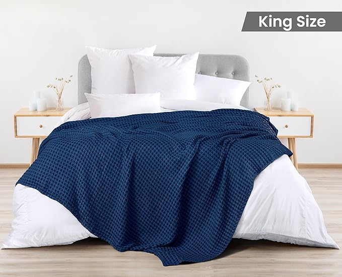 Utopia Bedding Navy 100% Cotton Waffle Blanket 300 GSM [King - 90x108 Inch] Soft Lightweight Breathable Bed Blanket for All Season