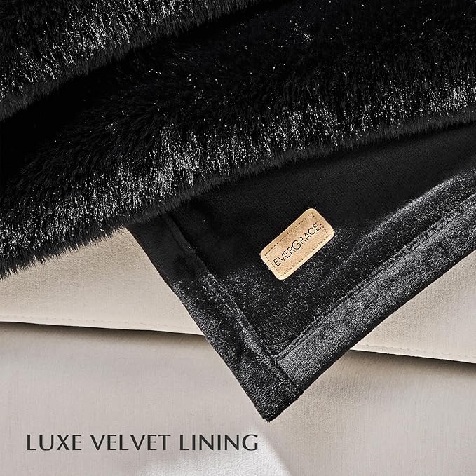 EVERGRACEHOME Luxury Soft Faux Chinchilla Fur Throw Blanket for Couch, Warm Thick Heavy Winter Throw Blanket 1220GSM for Bed, Fluffy Cozy Mink Blanket with Reversible Velvet, Black Noir Mink, 50"x60"