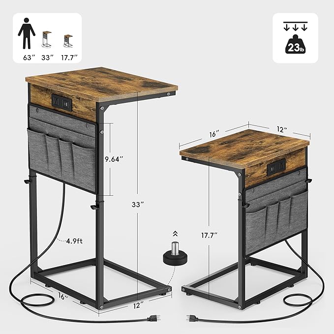 Vagusicc C Shaped End Table with Charging Station, 33" Tall Side Table for Couch, Sofa Table Adjustable Height Side Table C Table, Slide Under Couch Table TV Tray Table for Living Room, Bedroom, Brown
