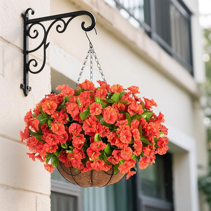 Artificial Hanging Flower Plants with Basket for Summer Autumn Outdoor Decoration, Faux Petunias Flowers Fake Morning Glories Planter for Outside Patio Garden Porch Balcony Yard Decor(Orange)