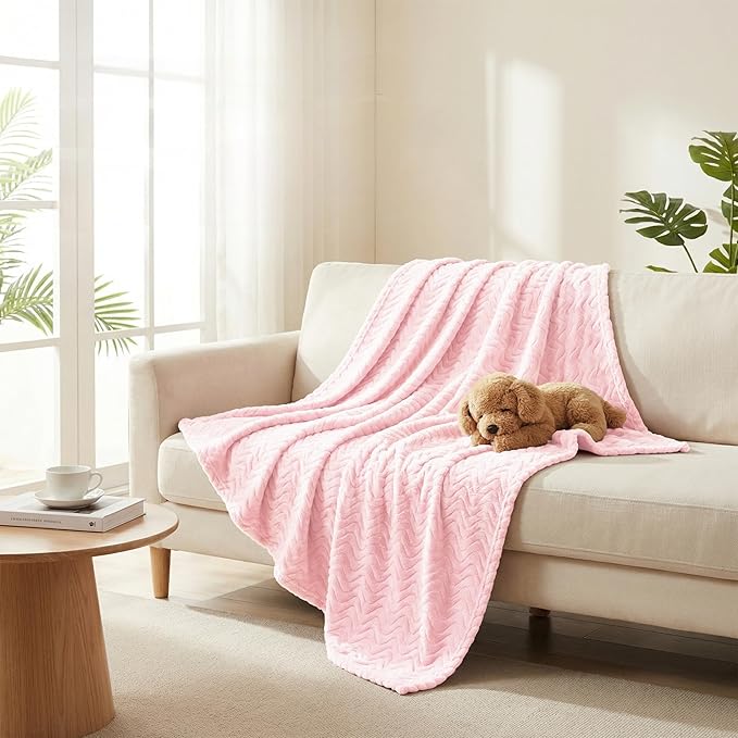 Exclusivo Mezcla Fleece Throw Blanket for Couch, Cozy Lightweight Blankets for All Season, Decorative Giftable Fuzzy Plush Wave Textured Throws for Women, Men, Light Pink, 50x70 Inches